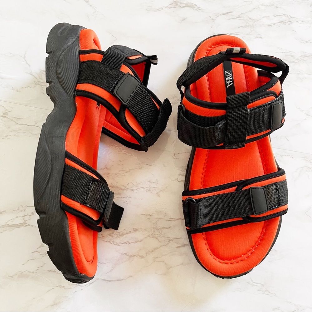 Zara Sports Sandals Black Orange Chunky Strappy Size 37 6.5